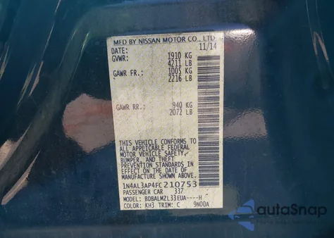 2015 Nissan Altima 2.5 Sv из США, поврежденный, VIN 1N4AL3AP4FC210753